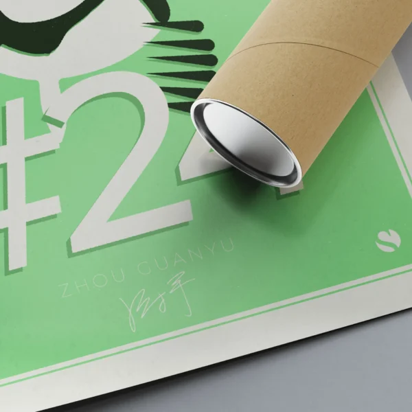 Close-up detail of the hand-drawn portrait from the Zhou Guanyu Poster, showcasing the Kick Sauber logo and Zhou's signature.