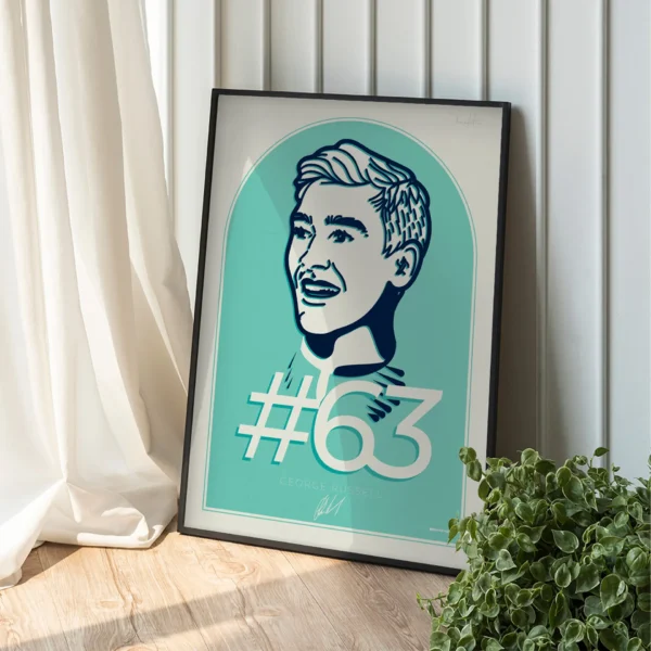 George Russell framed artwork displayed on a wall, printed on premium paper with Mercedes' iconic silver colours and fine artistic detail.