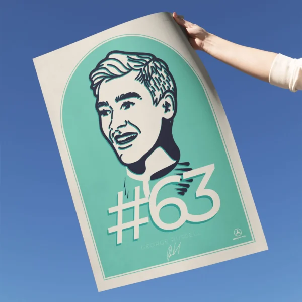 George Russell Poster - F1 poster featuring the British driver's portrait, #63 racing number and Mercedes iconography, perfect wall paper for Formula 1 fans.