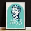 George Russell Poster - digitally hand-drawn portrait of the Mercedes F1 driver, featuring his signature and #63 racing number, framed on a dark wall.