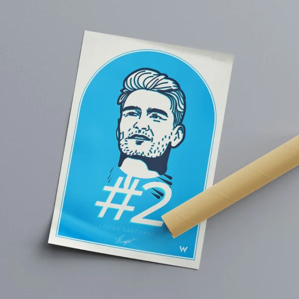 Logan Sargeant Print - F1 poster featuring the American driver's portrait, #2 racing number and Williams logo, perfect wall decor for Formula 1 fans.