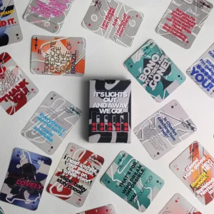 F1 Radio Messages playing cards, featuring cockpit quotes of Verstappen, Hamilton, Senna and Schumacher.