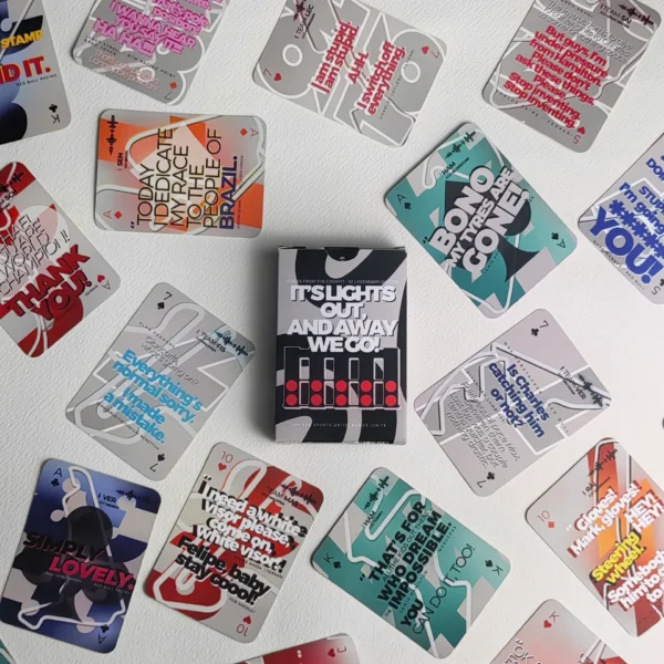 F1 Radio Messages playing cards, featuring cockpit quotes of Verstappen, Hamilton, Senna and Schumacher.