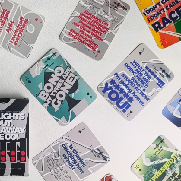 Close-up of the F1 Radio Messages Playing Cards deck, "Bono my tyres are gone" Hamilton quote.