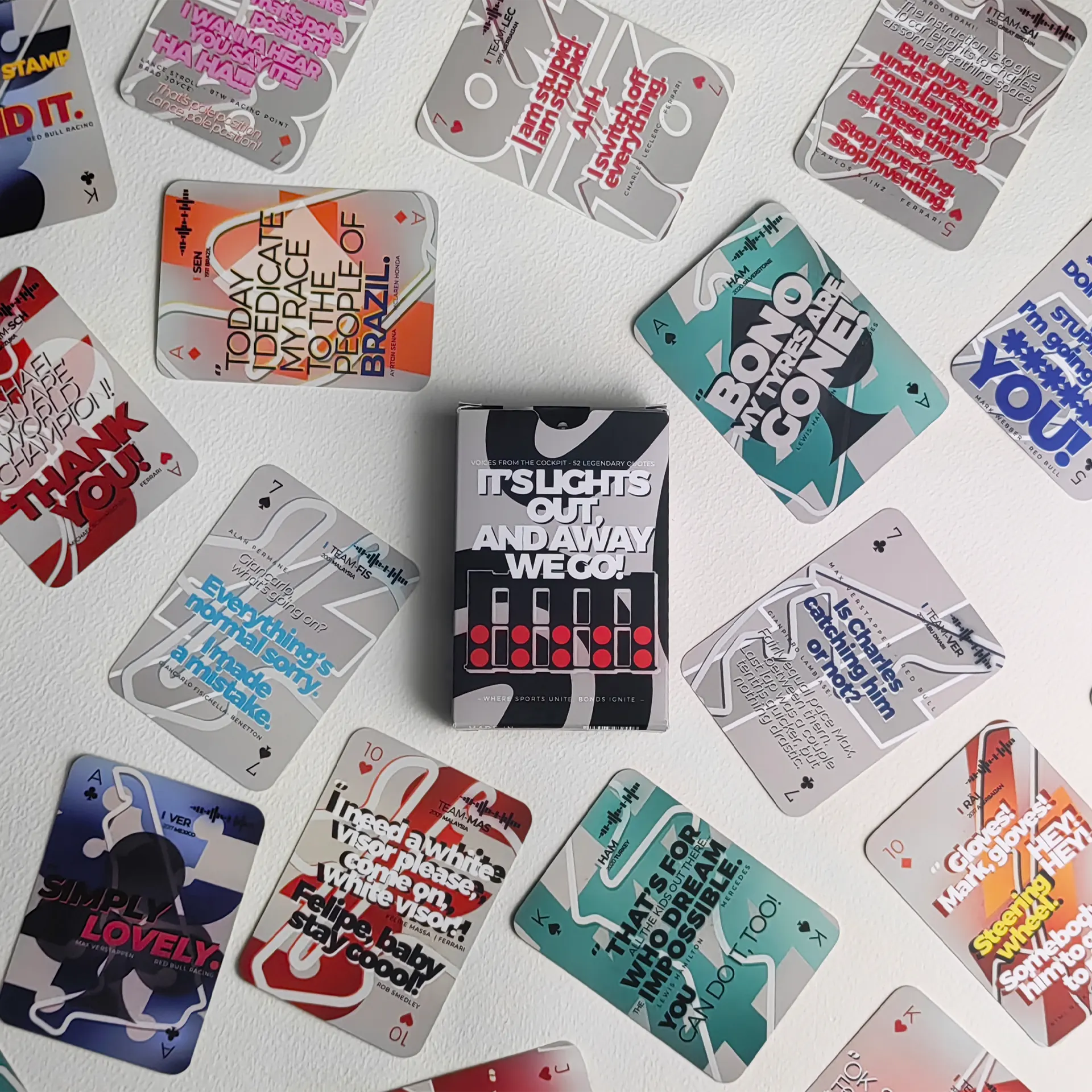 F1 Radio Messages playing cards, featuring cockpit quotes of Verstappen, Hamilton, Senna and Schumacher.