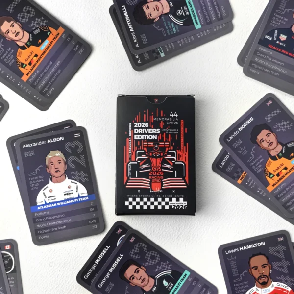 The 2026 F1 Trumps Card Game box, along with the cards illustrating Formula 1 drivers like Oscar Piastri, Lando Norris, Lewis Hamilton at Ferrari, George Russel, Kimi Antonelli and Alexander Albon.