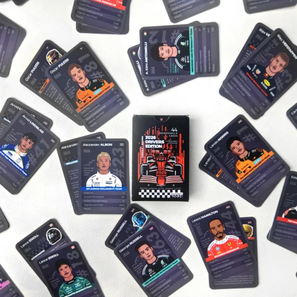 The 2026 Formula 1 Card Game set on the table, showcasing all the 22 drivers in the 2026 F1 season.