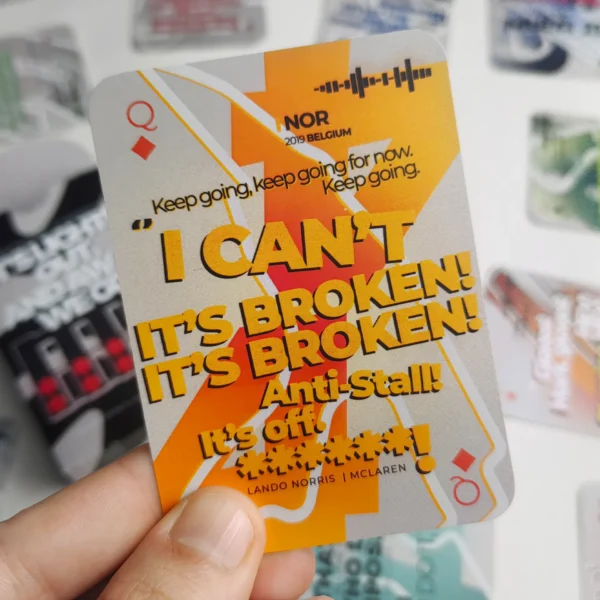 Detail with the Lando Norris's panic-stricken "I can't, it's broken! Anti-stall! It's off!" quote, from the F1 Radio Messages deck.
