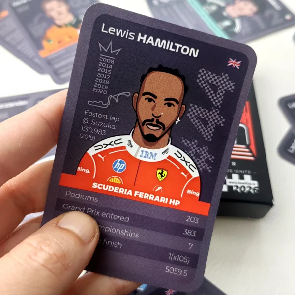 Lewis Hamilton card, illustrated as part of the F1 trumps and trivia 2026 Drivers Line-Up edition.