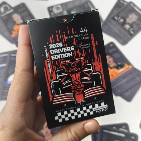 The black and red box of the 2026 drivers edition F1 card game, with 44 memorabilia cards.
