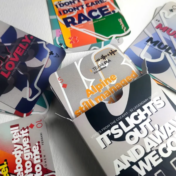 F1 Radio Messages Playing Cards - 54 hand-drawn illustrated poker deck featuring iconic Formula 1 cockpit quotes from Hamilton, Verstappen, Norris and more.