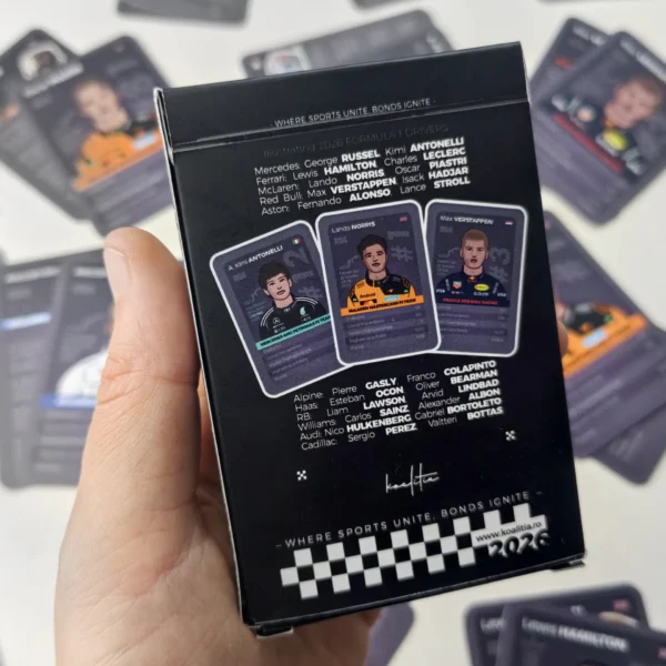 The back of the 2026 F1 Trumps Card Game box, black and white, describing all the 22 pilots that are illustrated inside this deck.