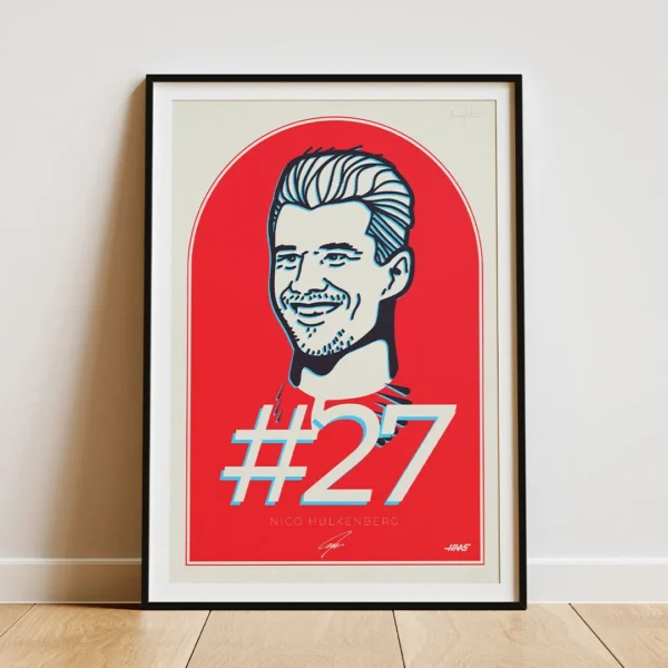 Hand-drawn framed art signed print of Nico Hulkenberg, designed and produced in Romania, E.U.