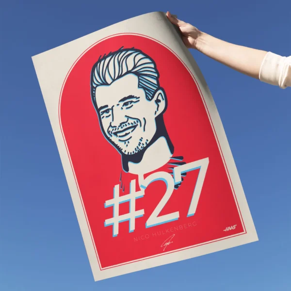 Nico Hulkenberg Print is a digitally hand-drawn portrait of the Haas F1 driver, featuring his signature and #27 racing number, held in hand with the sky as a background.