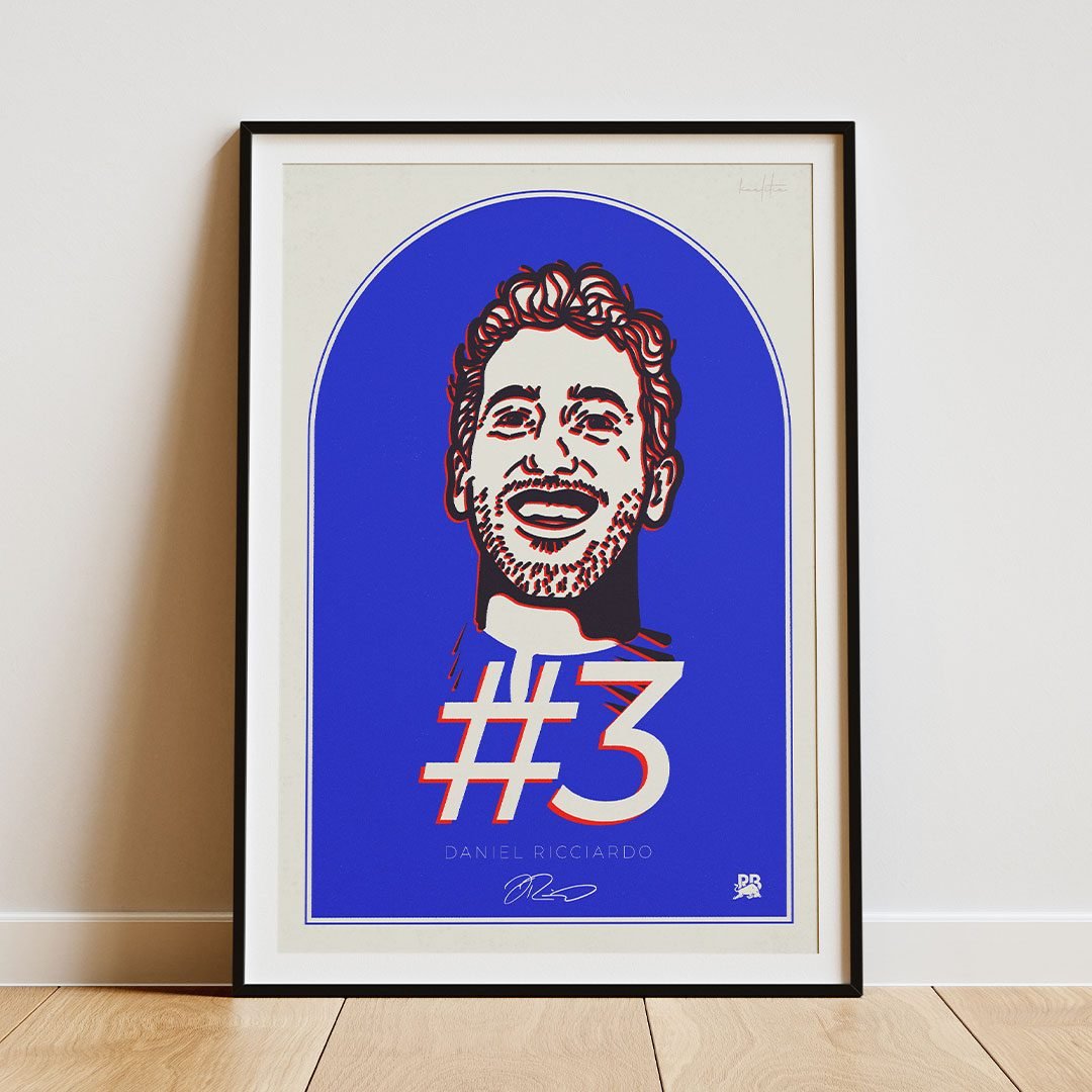 Daniel Ricciardo Art Poster: F1 poster featuring the Australian driver's portrait, #3 racing number and AlphaTauri iconography, perfect wall decor for Formula 1 fans.