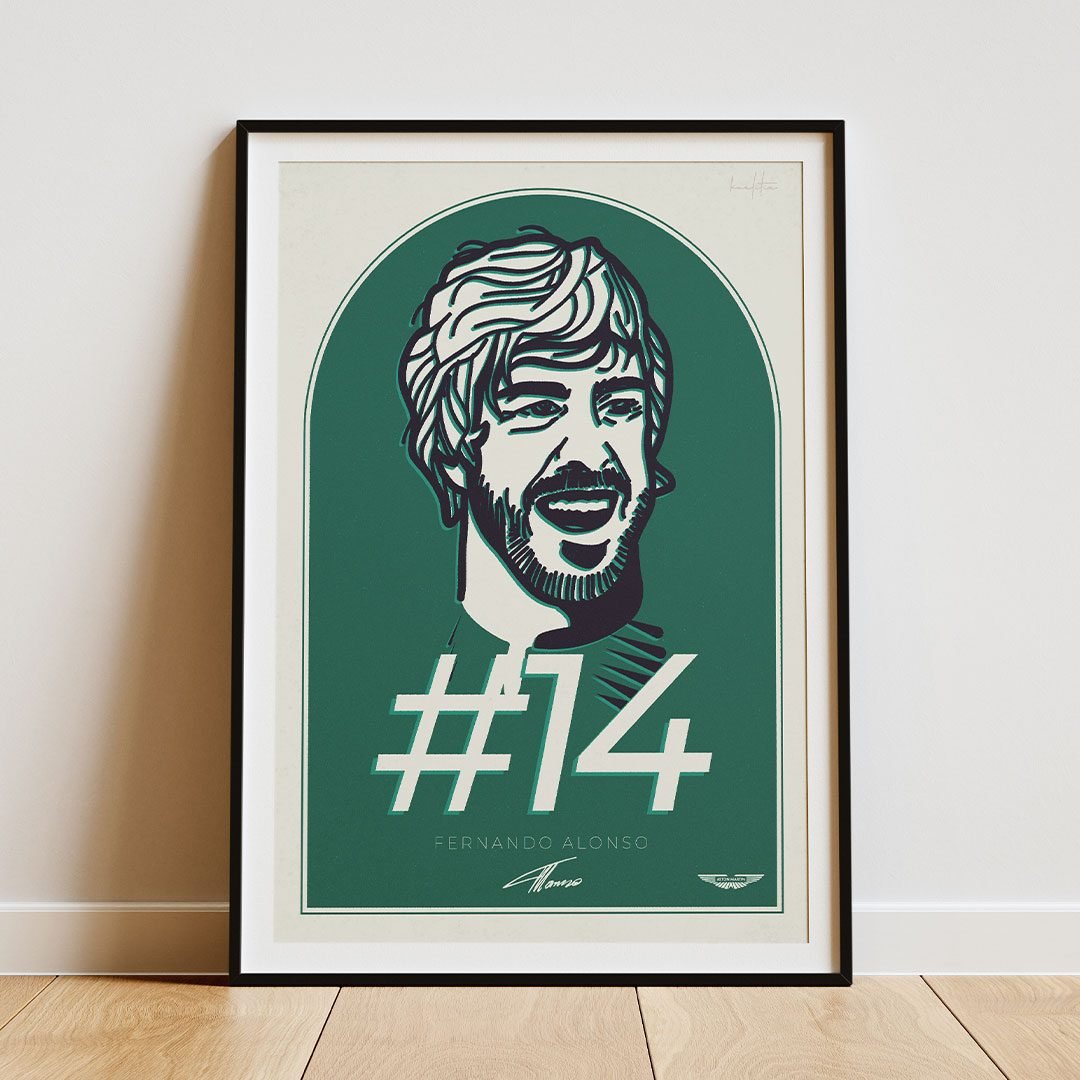 We created the Fernando Alonso poster with his spirit in mind, next to his signature, the Aston Martin logo and his #14 F1 number.