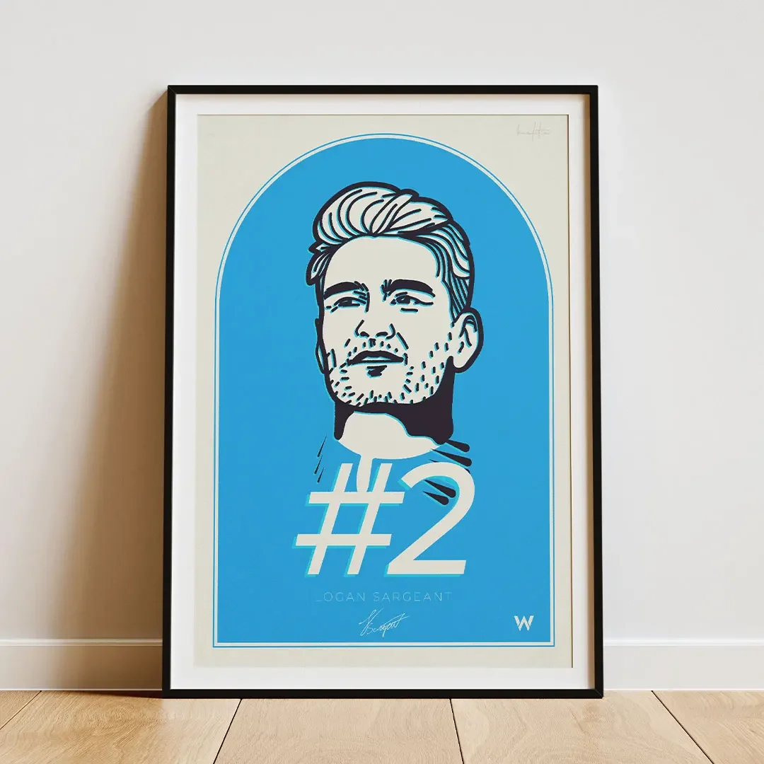 Logan Sargeant Print - digitally hand-drawn portrait of the Williams F1 driver, featuring his signature and #2 racing number, framed.