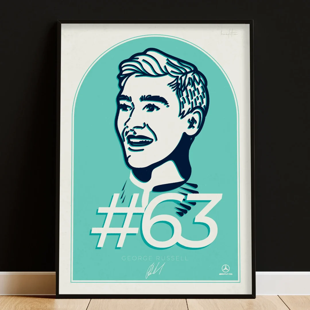 George Russell Poster - digitally hand-drawn portrait of the Mercedes F1 driver, featuring his signature and #63 racing number, framed on a dark wall.