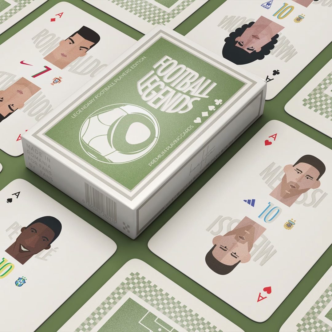 This Football Poker deck contains 54 playing cards, illustrating 17 football legends cards in a vintage graphic style.