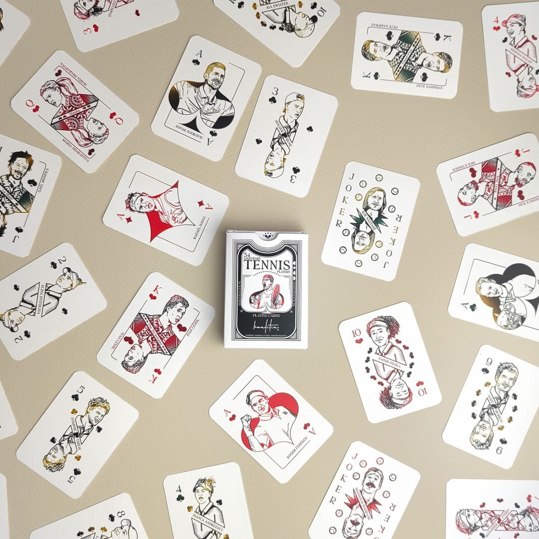 Tennis playing cards with 54 legendary tennis players illustrated by hand.